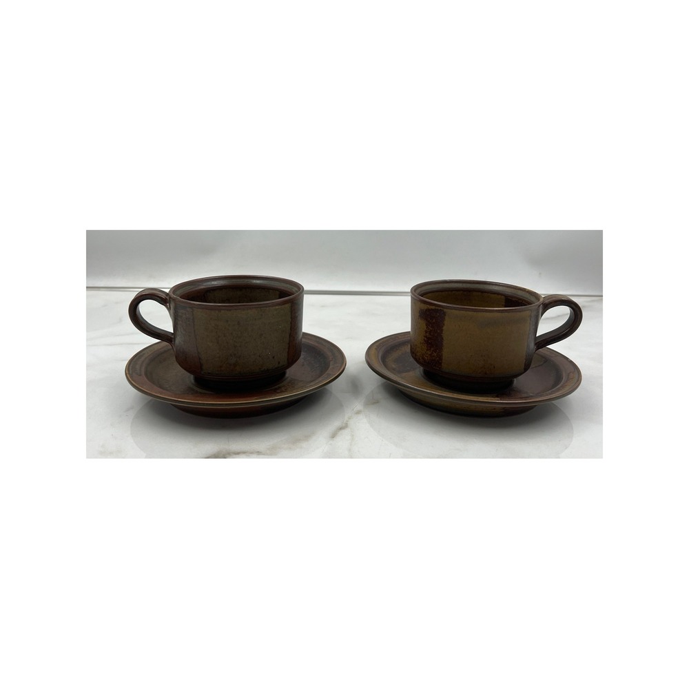 Iron Mountain Stoneware Roan Mountain Brown Cups and Saucers Artist Signed